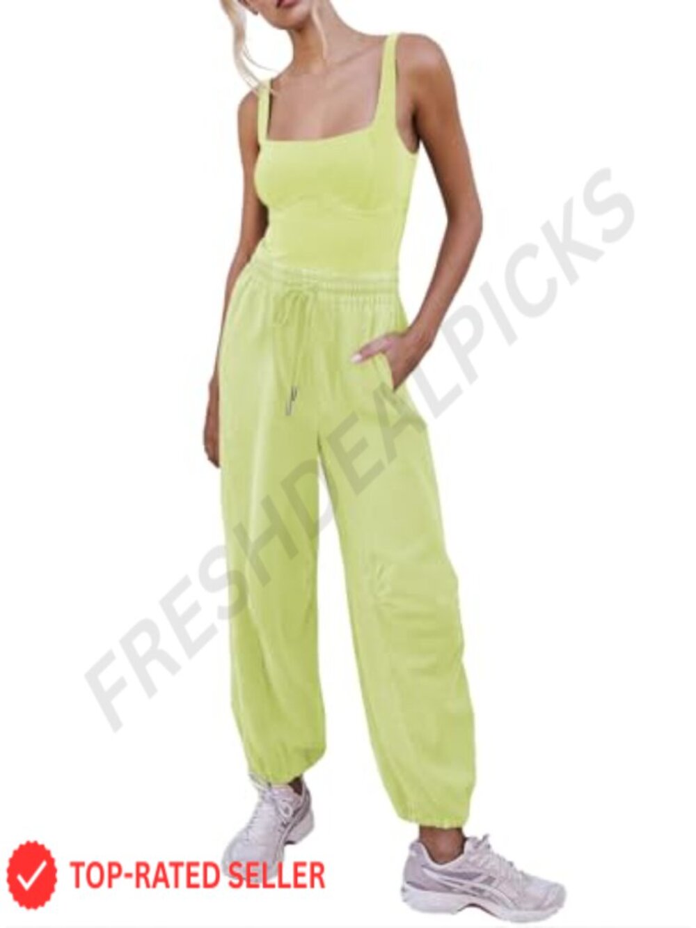 Sleeveless Square Neck Jumpsuit Drawstring Waist Long Romper with Pockets